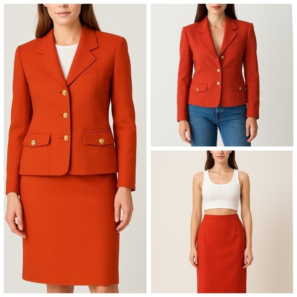 Vintage Conrad C Wool Orange Blazer and Pencil Skirt Set